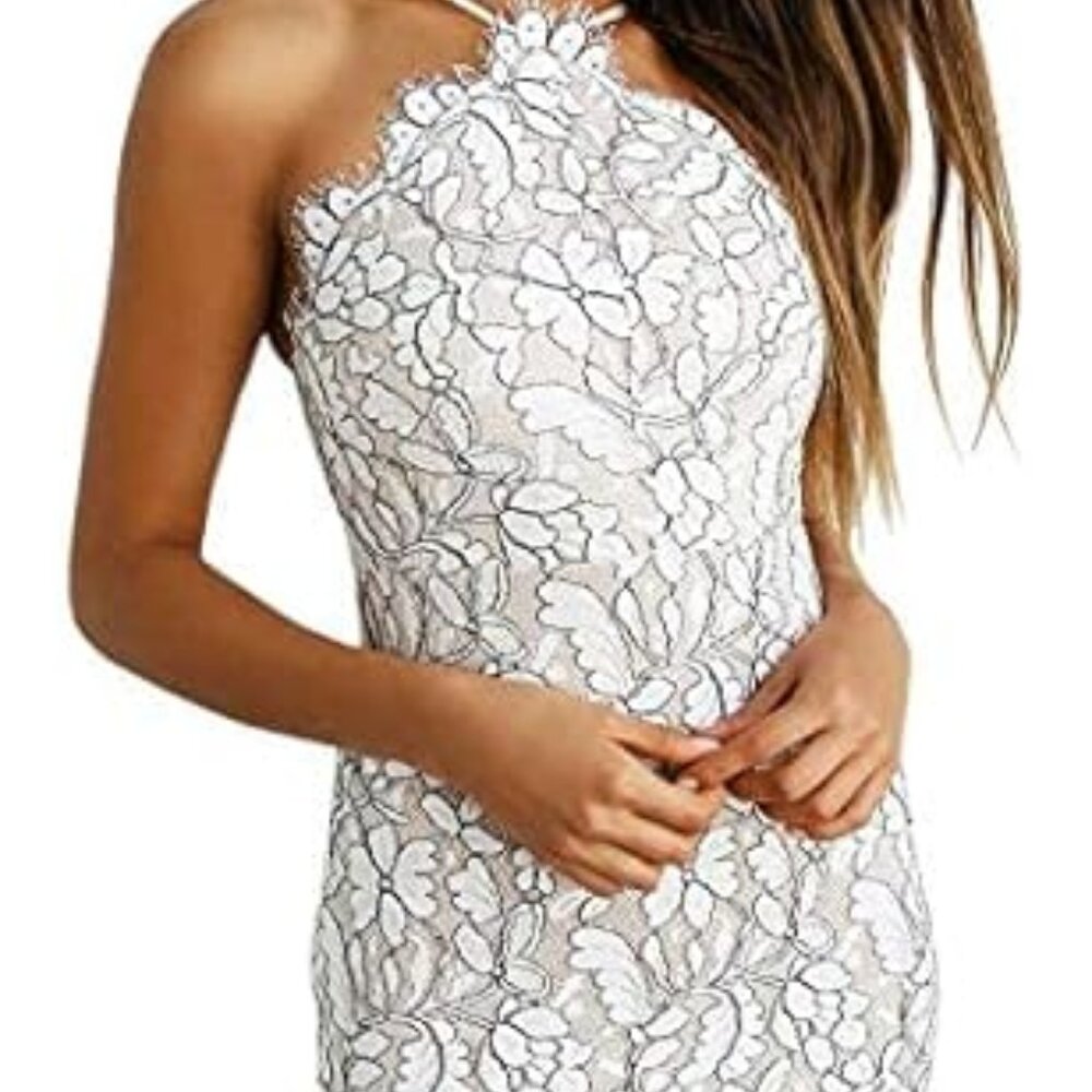Lulus Delicate Darling Beige Lace Dress